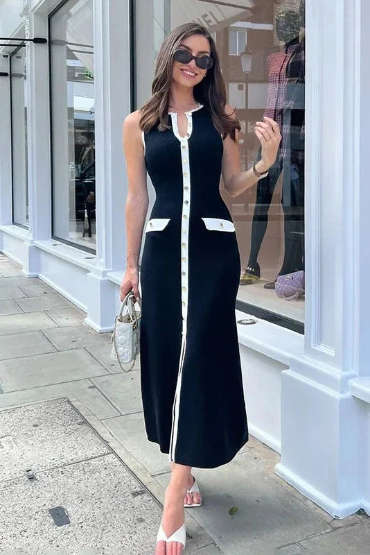 Elegant Knitted Sleeveless Button Bodycon Midi Dress