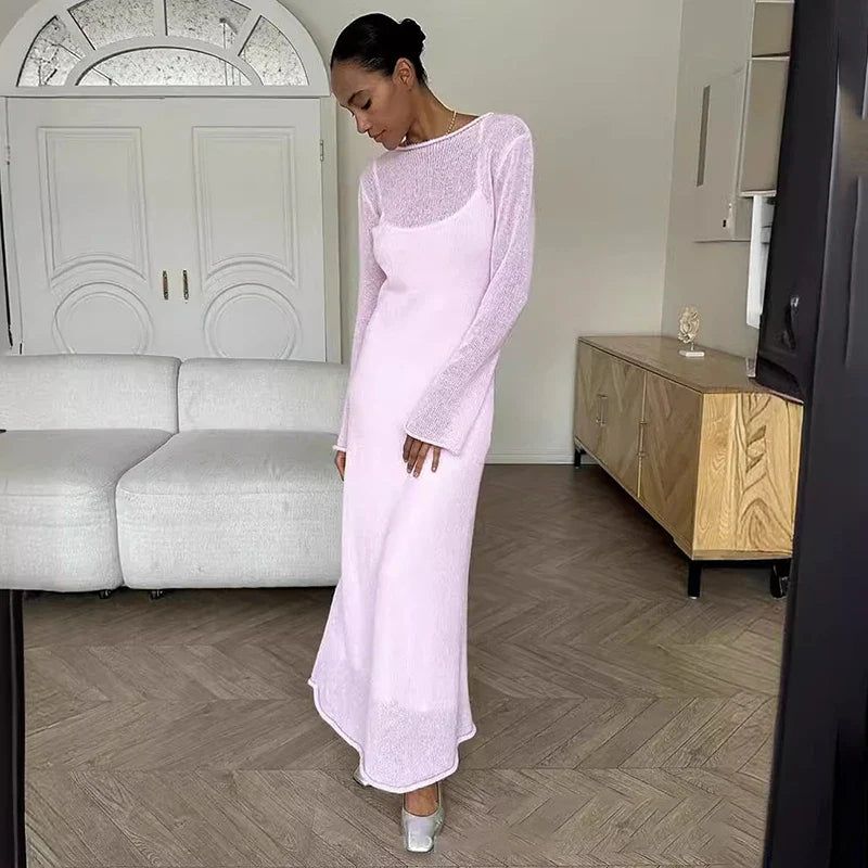See Through Loose Long Sleeve Knitted Maxi Dress