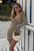 Elegant Knitted Long Sleeve Slim V Neck Mini Dress