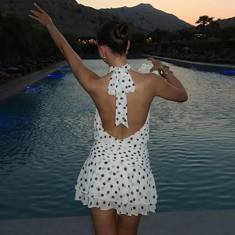 Polka Dot Print Backless Lace Up Mini Dress