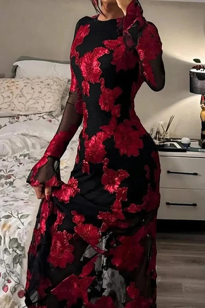 Lace Embroidery Floral Fit See-Through Backless High Waist Maxi Dress