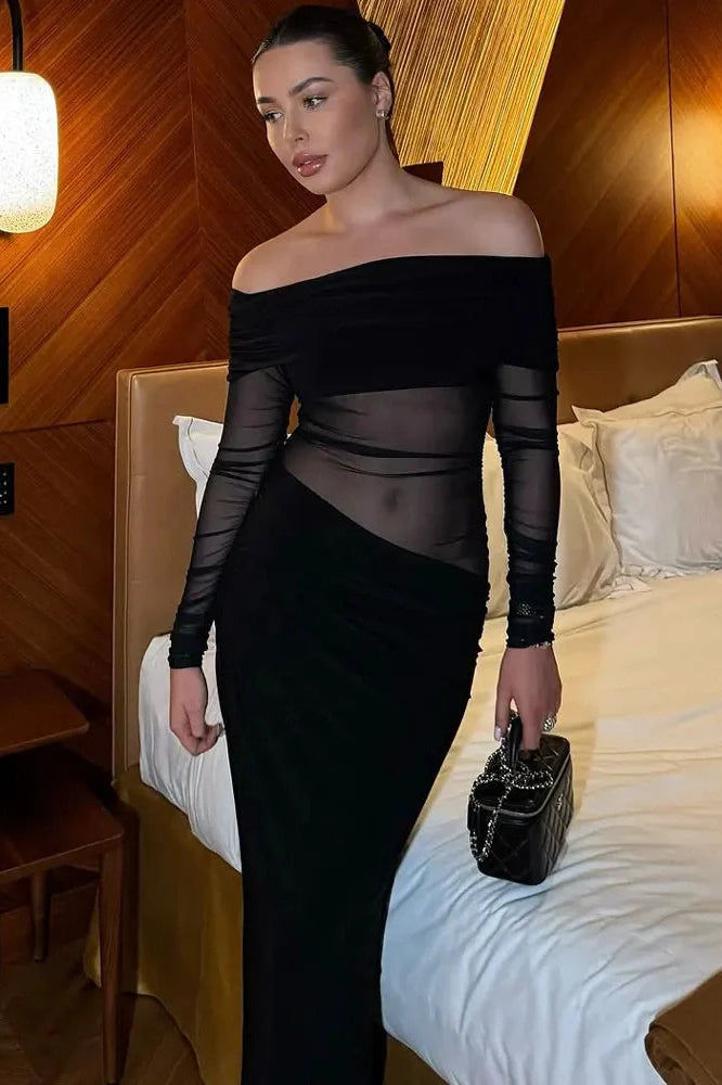 See-Through Patchwork Off-Shoulder Long Sleeve Maxi Dress