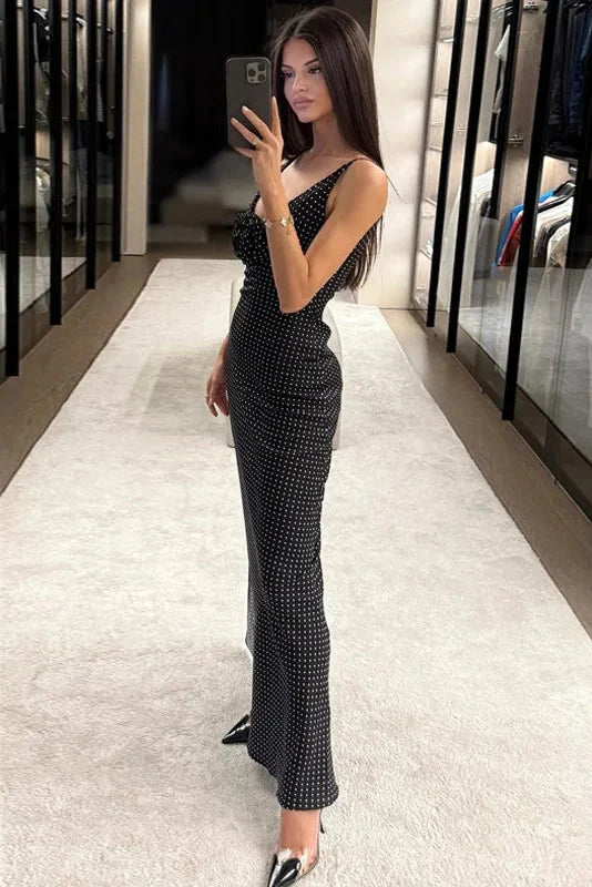 Elegant Polka Dot Printed Slit V-Neck Bodycon Maxi Dress