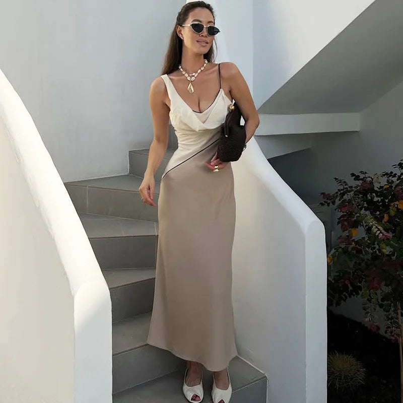 V Neck Patchwork Backless Maxi Dress
