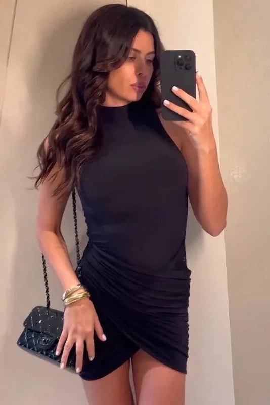Elegant Sleeveless Turtleneck Slim Mini Dress