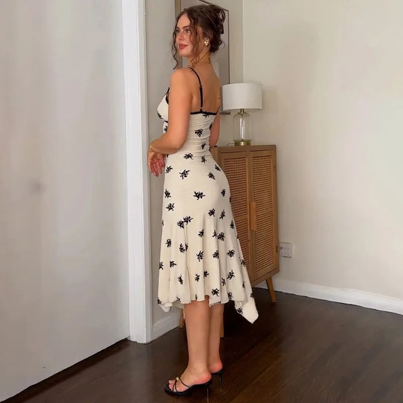 Lace Printed V Neck Spaghetti Strap Slim Midi Dress