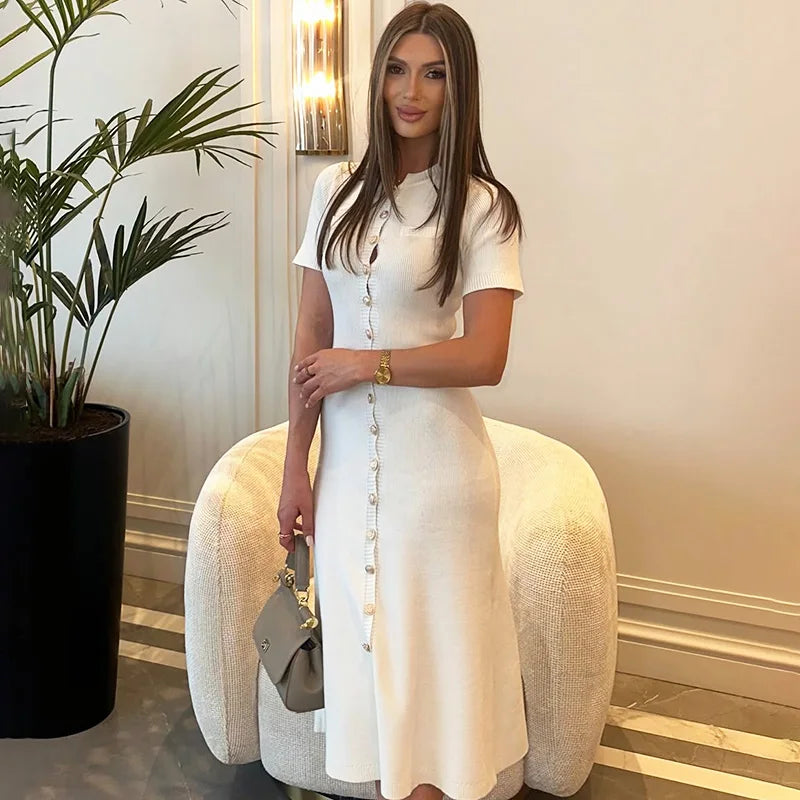Elegant Single Breasted Patchwork Midi Dress