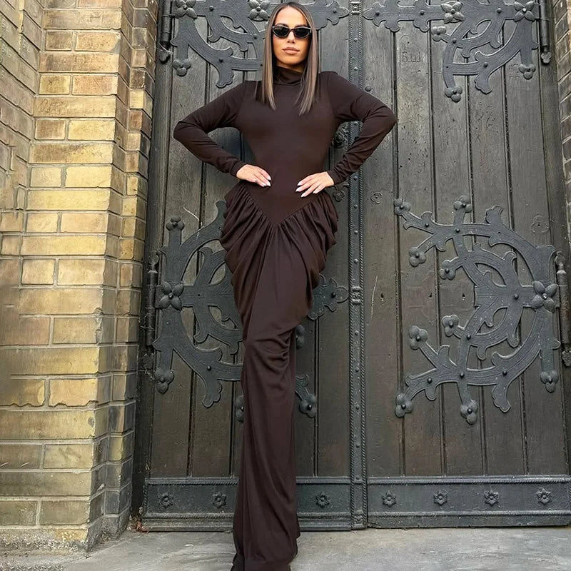 Elegant High Neck High Waist Long Sleeve Maxi Dress
