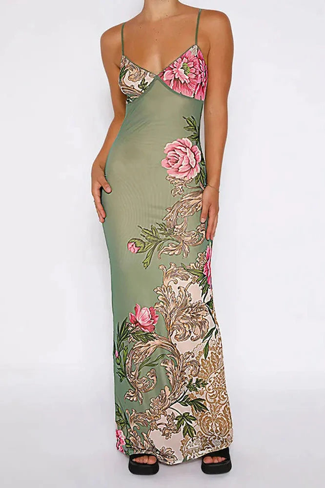 Printed Slim Spaghetti Strap Maxi Dress