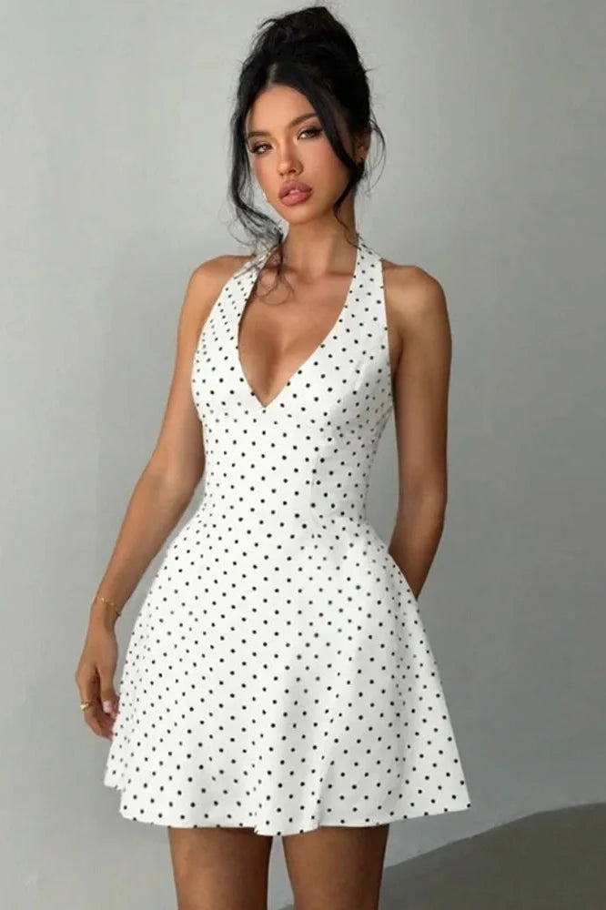 Deep V Neck Sleeveless Backless High Waist A-Line Mini Dress