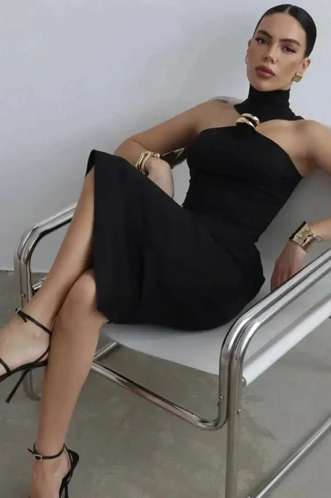 Turtleneck Off-Shoulder Sleeveless Backless Midi Dress