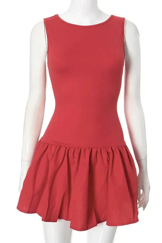 Sleeveless Pleated High Waist Round Neck Slim Mini Dress