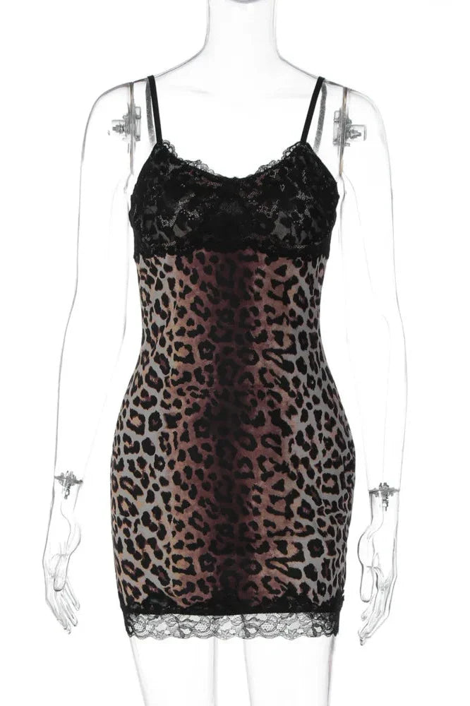 Lace Printed Spaghetti Strap Sleeveless Backless Bodycon Mini Dress