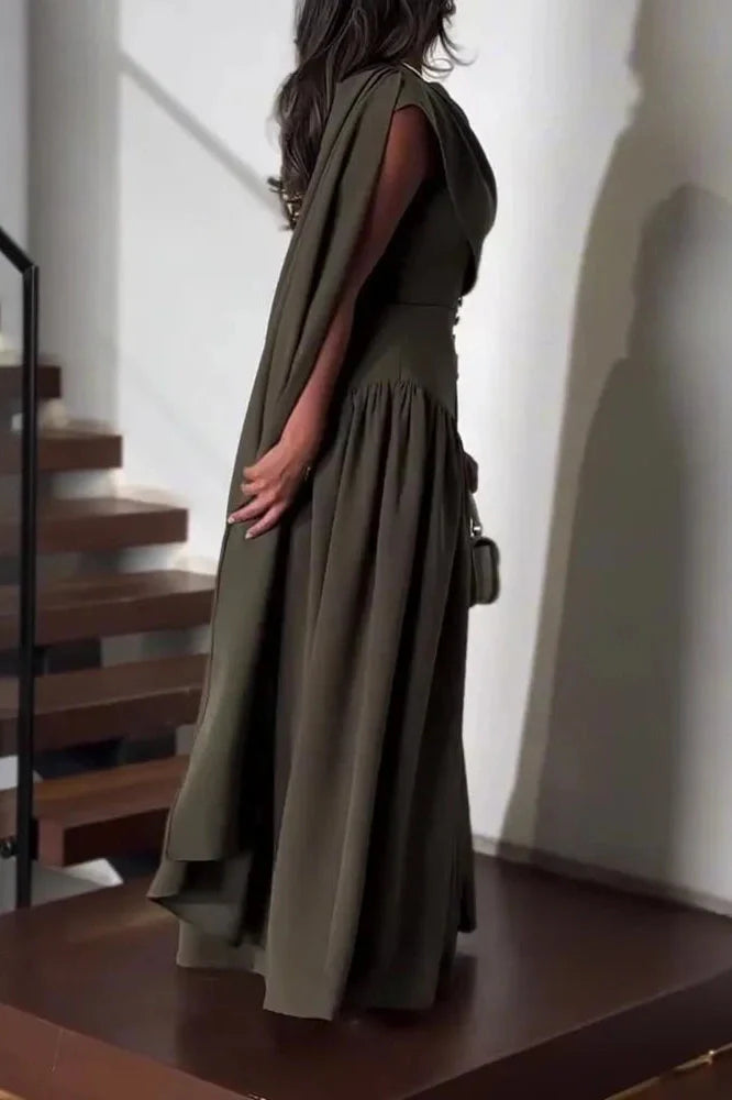 Elegant Sleeveless Shawl Collar Pleat Maxi Dress