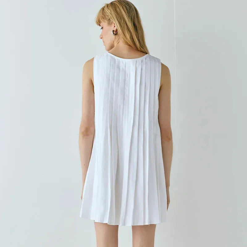 Pleated O Neck Sleeveless Lace Up Mini Dress
