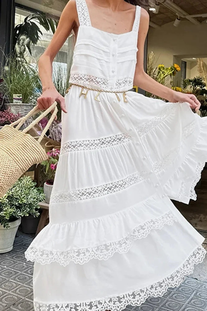 Hollow Out High Waist Lace Sleeveless Pleated Maxi Dress