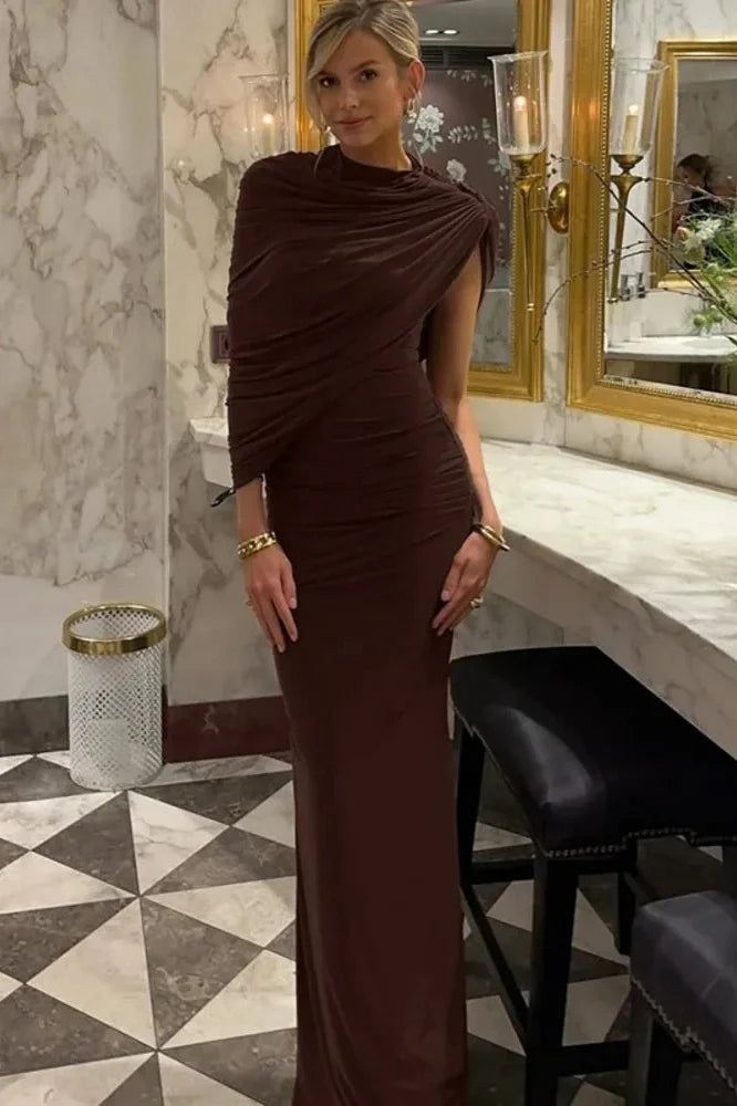 Inclined Shoulder Pleated Irregular Maxi Dress