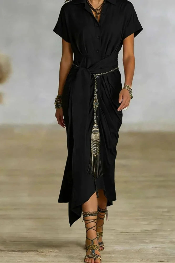Elegant Pleated Lace Up Short Sleeve Midi Dress