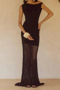 Knitted Slash Collar High Waist Slim Maxi Dress