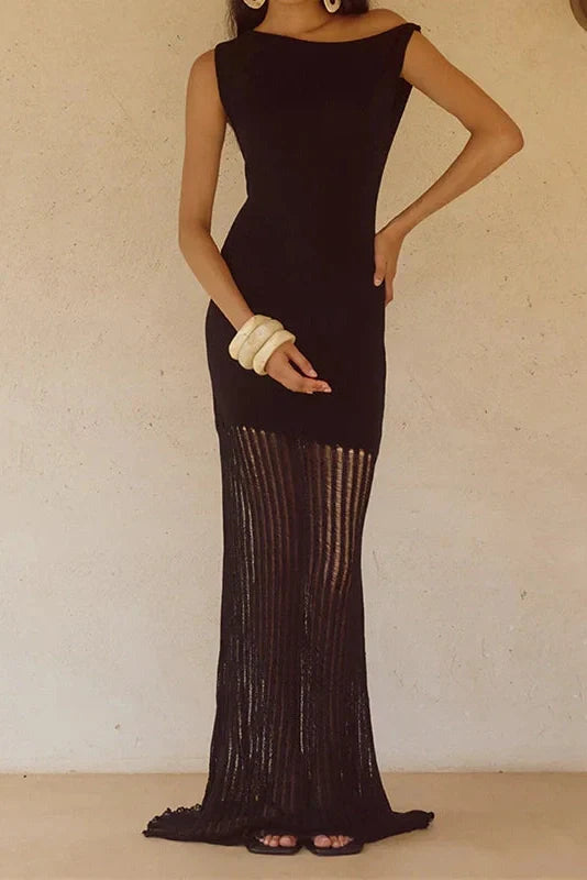 Knitted Slash Collar High Waist Slim Maxi Dress