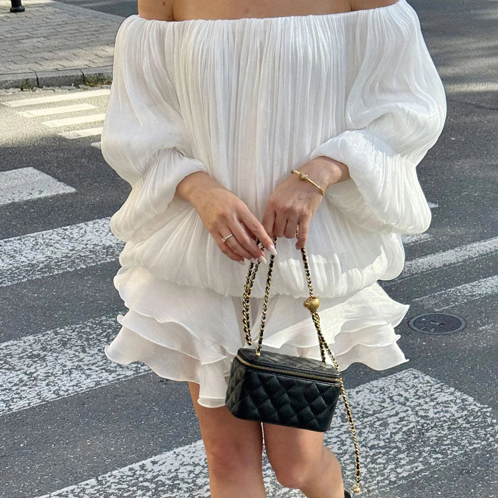 One Shoulder Pleated Long Sleeve Mini Dress