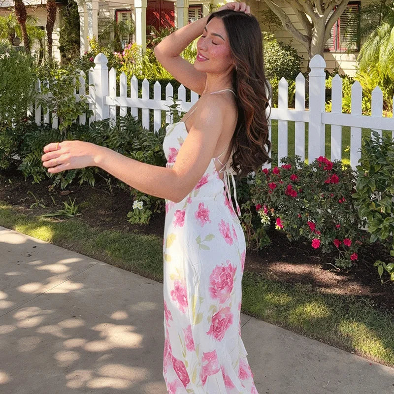 Printed Lace-Up Backless Patchwork Maxi Dress
