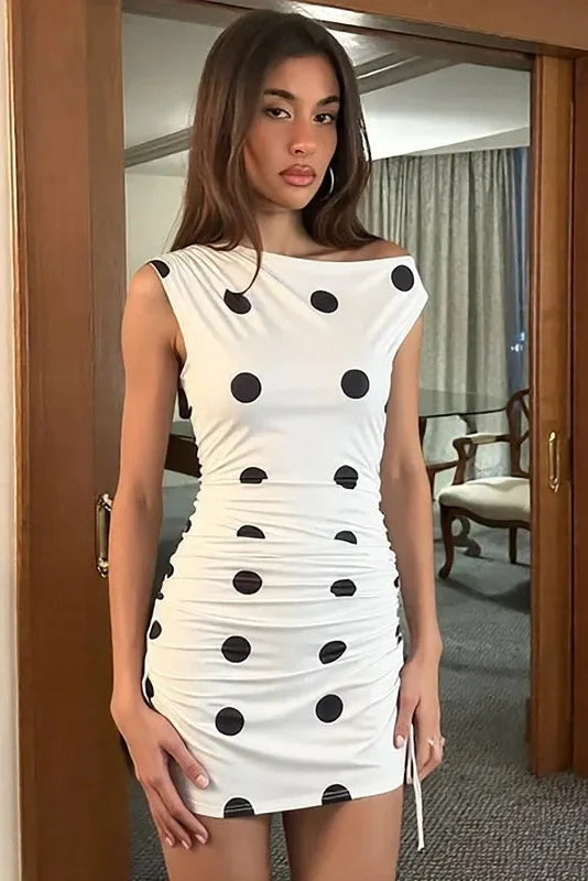 Elegant Polka Dot Print Slim Lace-Up Mini Dress