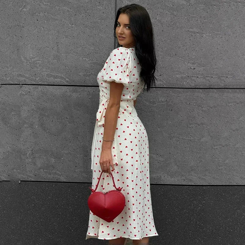 Printed V Neck High Waist Lace Up Midi Dress
