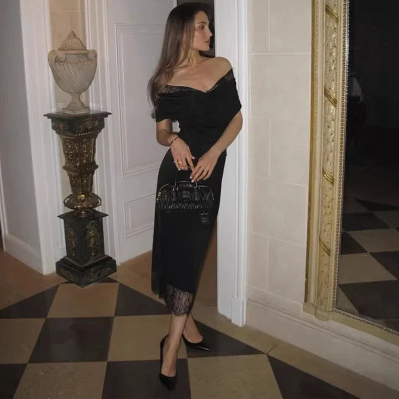 Lace Deep V-Neck Slim High Waist Midi Dress
