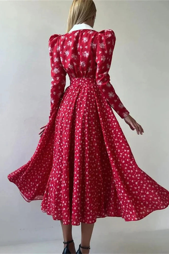 Printed V-Neck Patchwork Long Sleeve High Waist Midi Dress