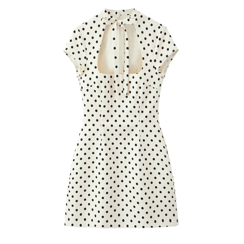 Elegant Polka Dot Lace-Up Hollow Out Mini Dress