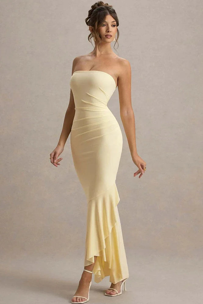 Off-Shoulder Strapless Sleeveless Backless Bodycon Pleated Maxi Dress