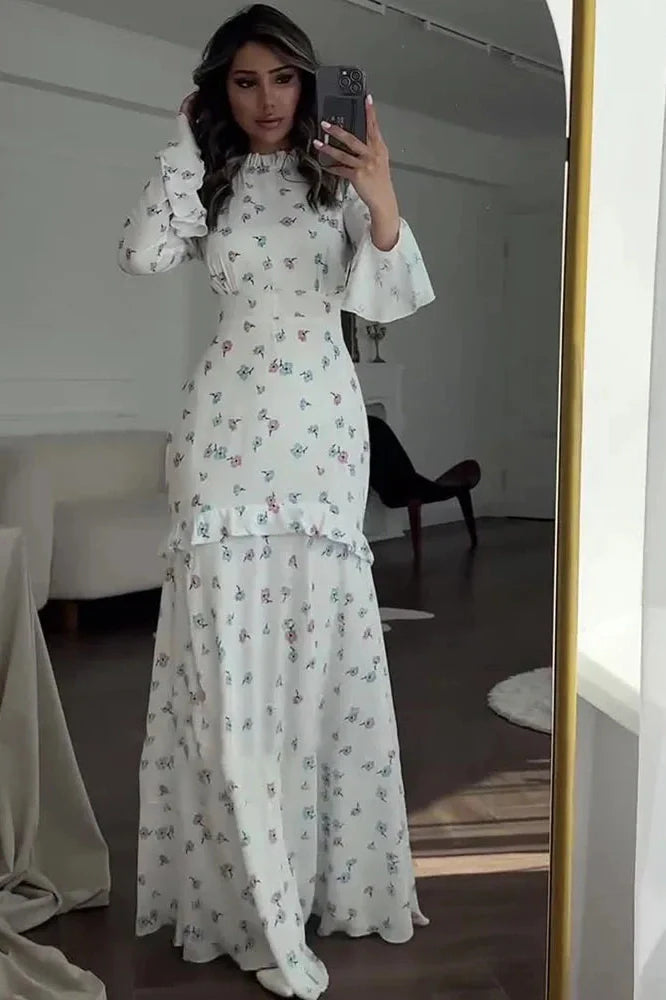 Printed Long Sleeve Slim Fit Lace Maxi Dress