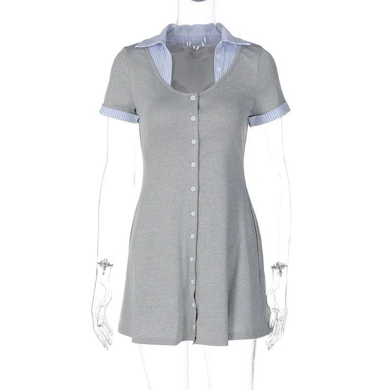 Short Sleeve Single Breasted Slim A-Line Mini Dress