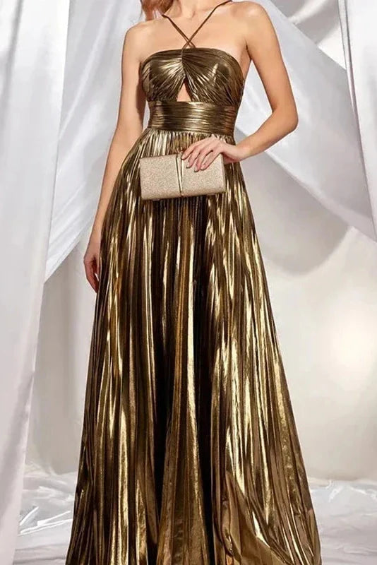 Hollow Out High Waist Sleeveless Pleated Backless Maxi Dress