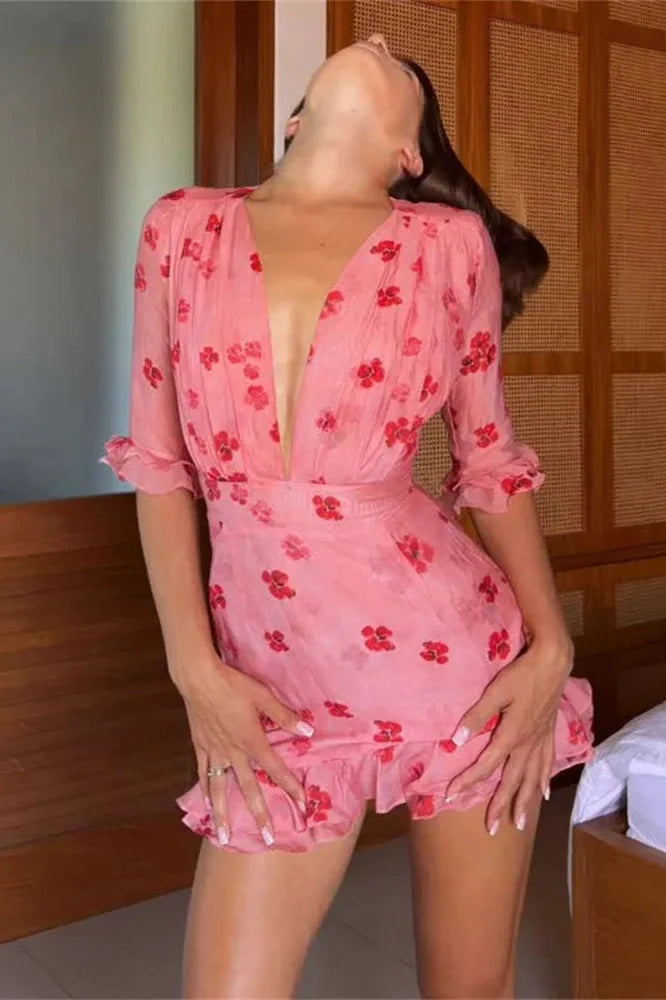 Printed V-Neck Patchwork Short Sleeve Bodycon Mini Dress