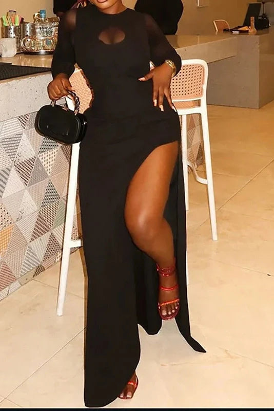 Hollow Out O-Neck Bodycon High Split Slim Sleeves Maxi Dress