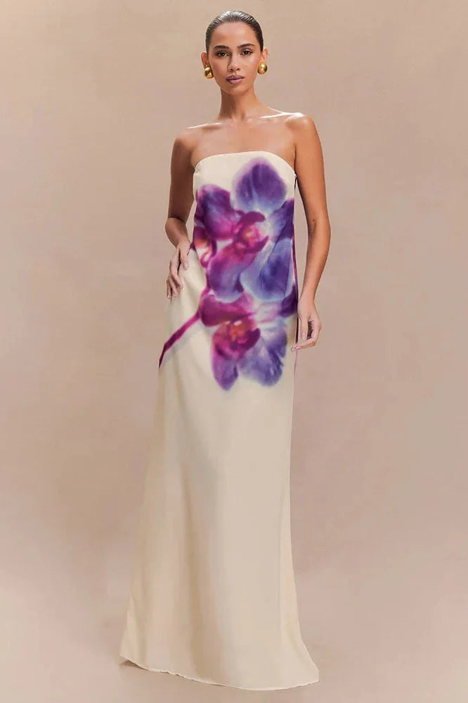 Printed Strapless Off-Shoulder Backless Sleeveless Maxi Dress