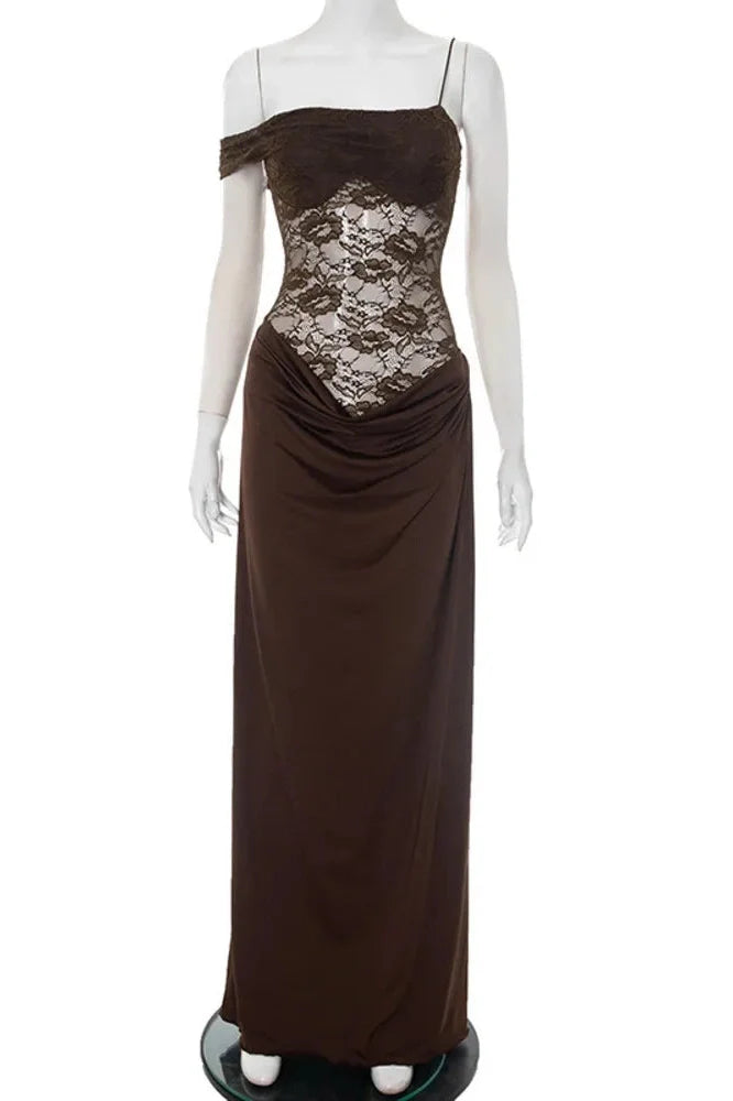 Off-Shoulder Lace See Through Sleeveless Backless Maxi Dress