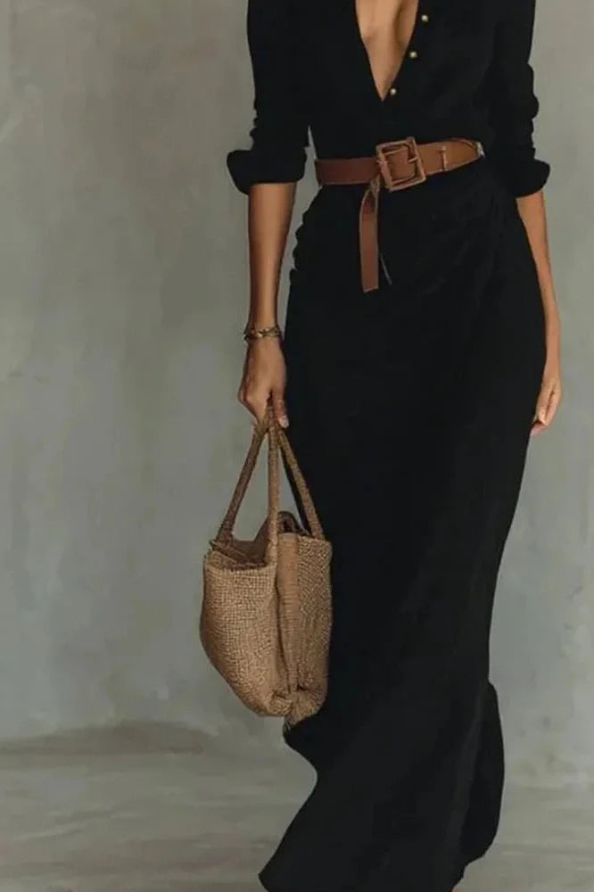 Elegant Long Sleeve High Waist Single Breasted Maxi Dress