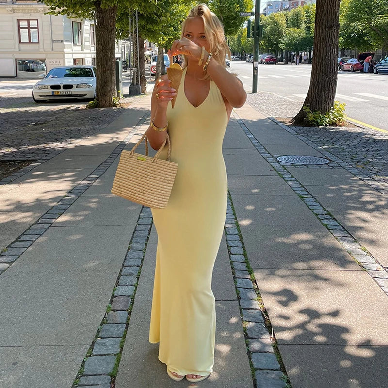 Deep V-Neck High Waisted Backless Maxi Dress