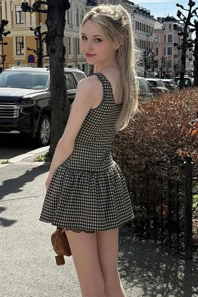 Plaid Printed Square Collar A-Line Sleeveless High Waist Mini Dress