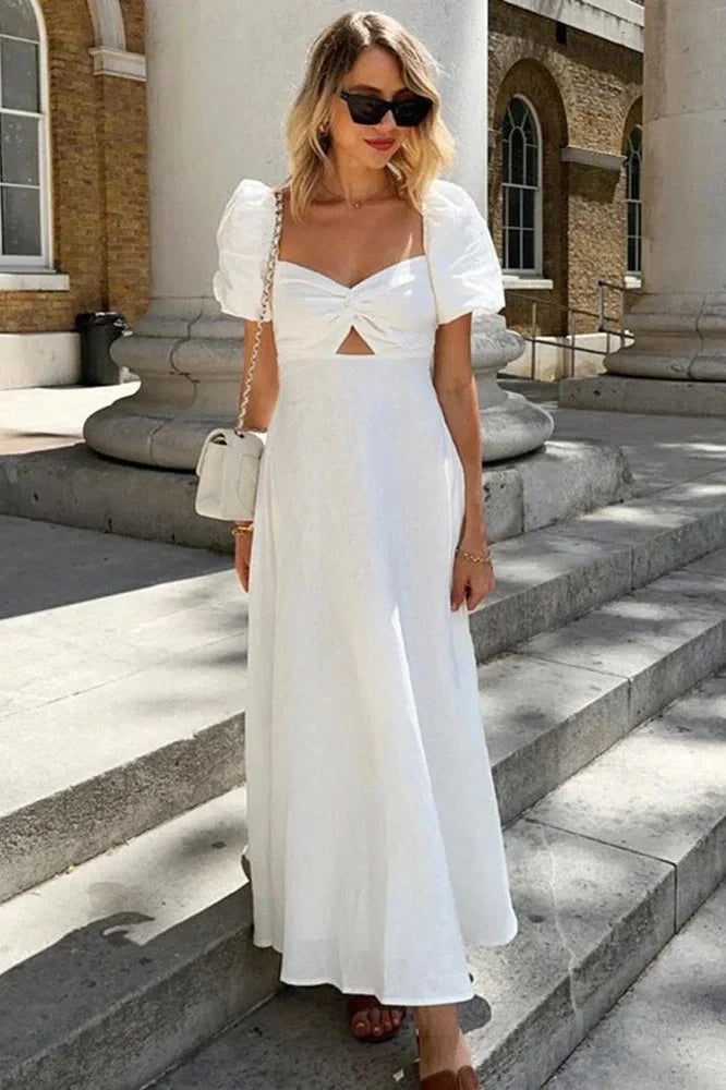 Hollow Out Cotton Square Collar Puff Sleeve Slim A-Line Maxi Dress