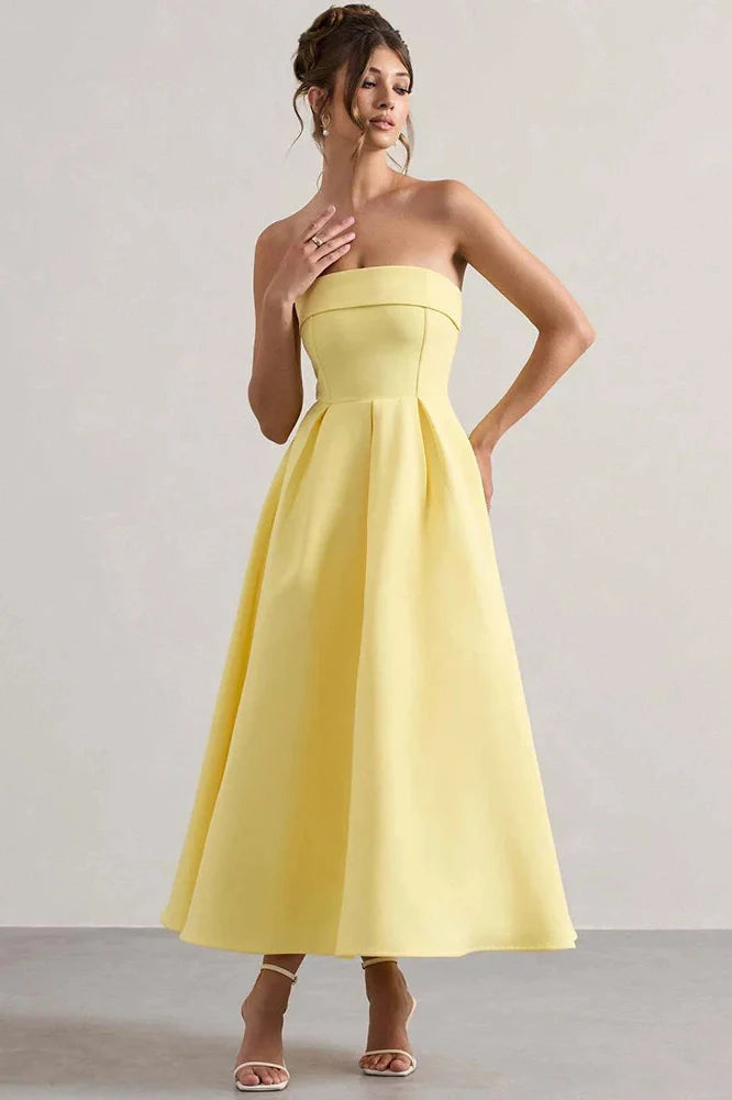 Off-Shoulder Strapless Sleeveless Backless High Waist A-Line Midi Dress