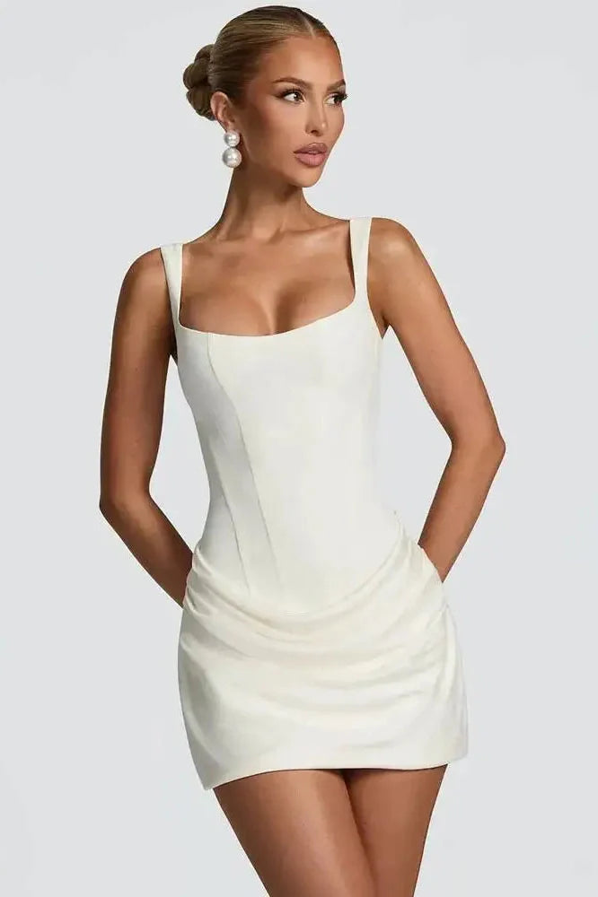 Straps Square Collar Sleeveless High Waist Backless Mini Dress