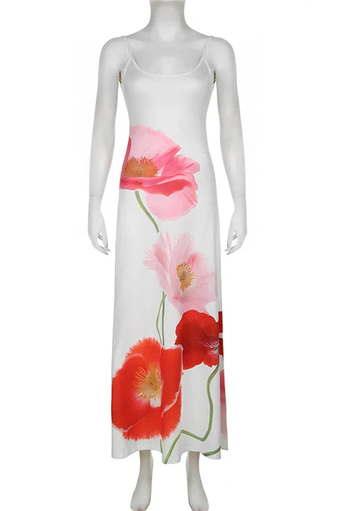 Printed Spaghetti Straps Backless Maxi Dress
