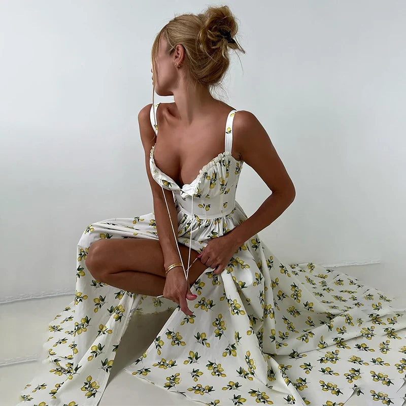 Printed Lace Up High Waist Maxi Dress