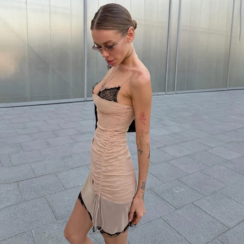 Lace Spaghetti Strap Slim Pleated Mini Dress