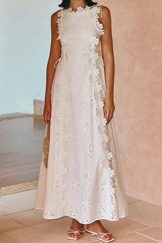 Elegant Hollow Out Lace Embroidery Sleeveless Maxi Dress