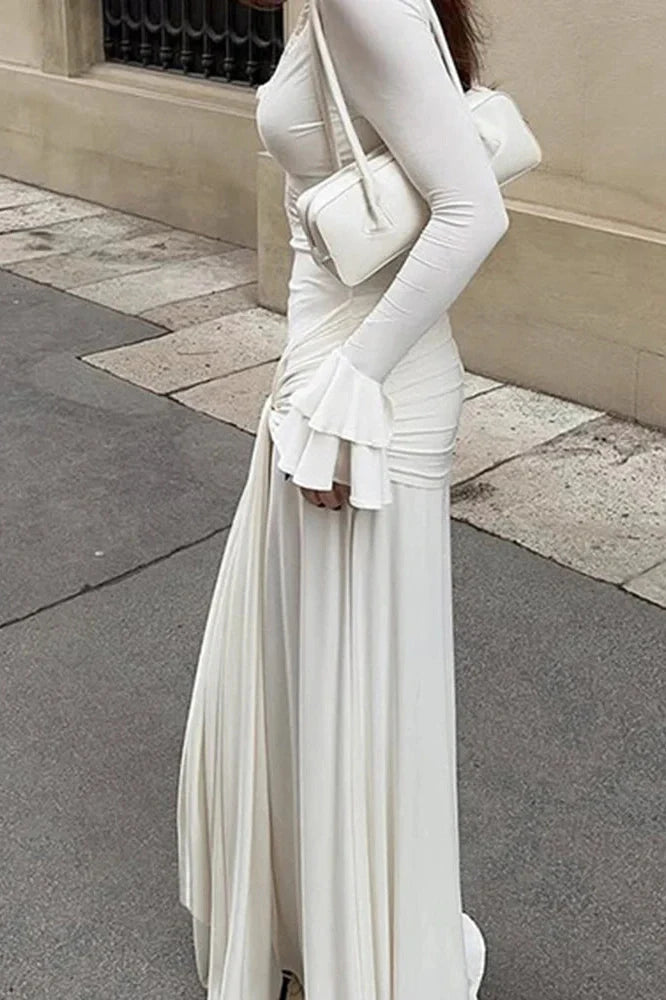 Hollow Out Long Sleeve Pleated V-Neck Lace Slim Maxi Dress